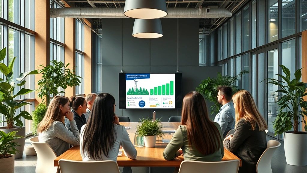 Corporate sustainability team meeting in green-certified building, reviewing renewable energy transition plans and carbon reduction targets on digital displays, diverse professionals engaged in discussion, natural materials and sustainable design elements, photorealistic