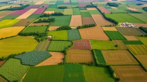 Aerial view of diverse agricultural landscape with regenerative farming patches, cover crops, and natural wildlife corridors integrated throughout farmland, vibrant green colors, sustainable ecosystem visible from above
