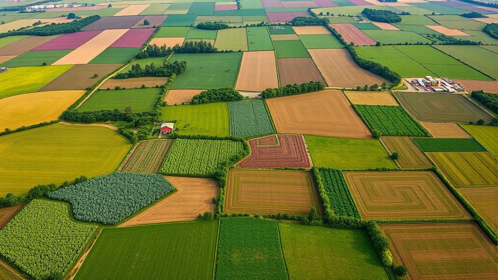 Aerial view of diverse agricultural landscape with regenerative farming patches, cover crops, and natural wildlife corridors integrated throughout farmland, vibrant green colors, sustainable ecosystem visible from above