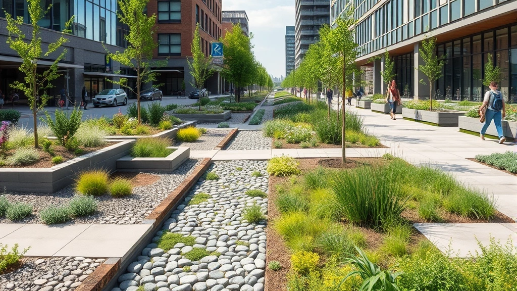 Modern urban green infrastructure featuring bioswales, permeable pavements, green roofs on buildings, rain gardens, and pedestrians walking through integrated nature-based stormwater management systems
