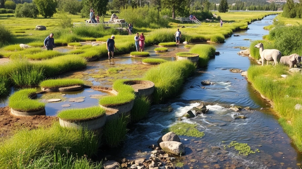 Landscape showing water management integration with constructed wetlands for treatment, natural vegetation, flowing water features, people using restored water resources sustainably, ecosystem health visible through wildlife and plant diversity