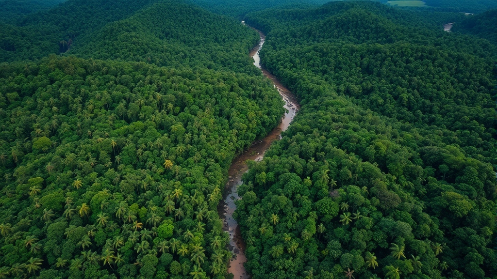 Aerial view of intact tropical rainforest canopy showing dense green vegetation with river winding through landscape, showcasing ecosystem complexity and carbon storage capacity