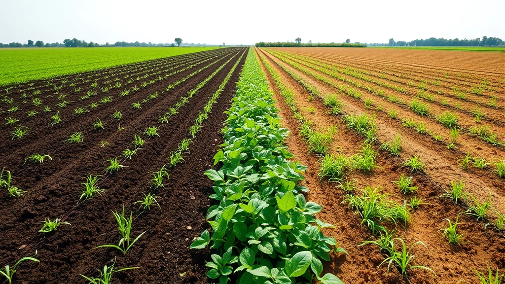 Agricultural field showing split view: left side with healthy dark soil and diverse crops, right side with degraded pale soil and sparse vegetation, illustrating soil ecosystem service differences