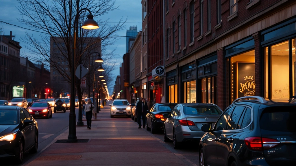Urban street scene Baltimore evening with modern LED street lights illuminating sidewalk, parked cars, and storefront windows with warm light, pedestrians walking, realistic photographic quality