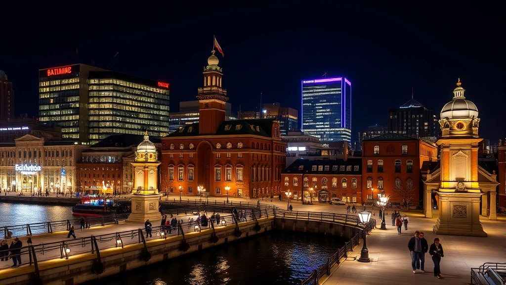 Baltimore waterfront at night with illuminated buildings and public spaces, decorative architectural lighting on structures, pedestrians enjoying well-lit public areas, vibrant urban environment