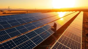 Solar farm installation with workers installing panels on vast landscape, golden sunlight, modern renewable energy infrastructure, photorealistic, natural lighting