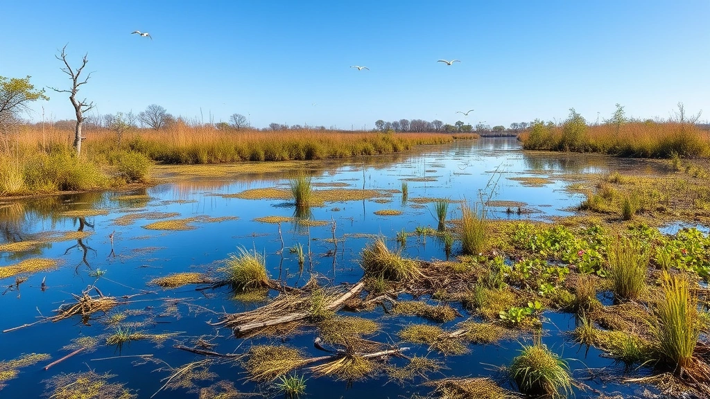 Restored wetland ecosystem with water reflections, native vegetation, birds and wildlife, clear blue sky, healthy natural infrastructure, photorealistic nature photography