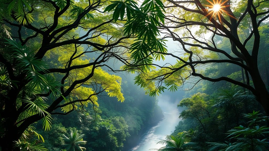 Lush tropical forest canopy with diverse tree species, river flowing through misty valleys, birds and wildlife visible in branches, morning sunlight filtering through leaves, representing ecosystem biodiversity and natural capital value