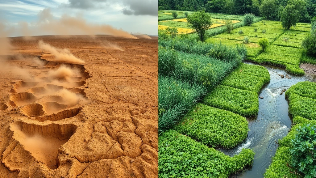 Split-screen comparison: left side shows degraded agricultural land with eroded soil and dust storms, right side shows healthy regenerative farm with diverse crops, green vegetation, and flowing water, illustrating ecosystem-economy trade-offs