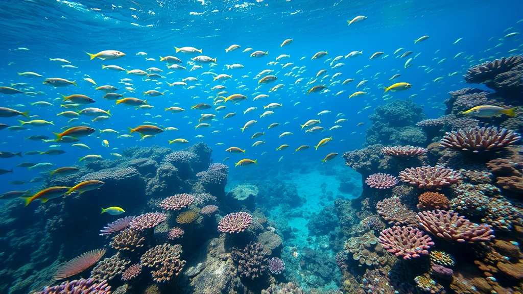 Underwater coral reef ecosystem with vibrant fish schools, coral formations, and marine life, showing economic value of biodiversity for fisheries and tourism while representing climate change vulnerability