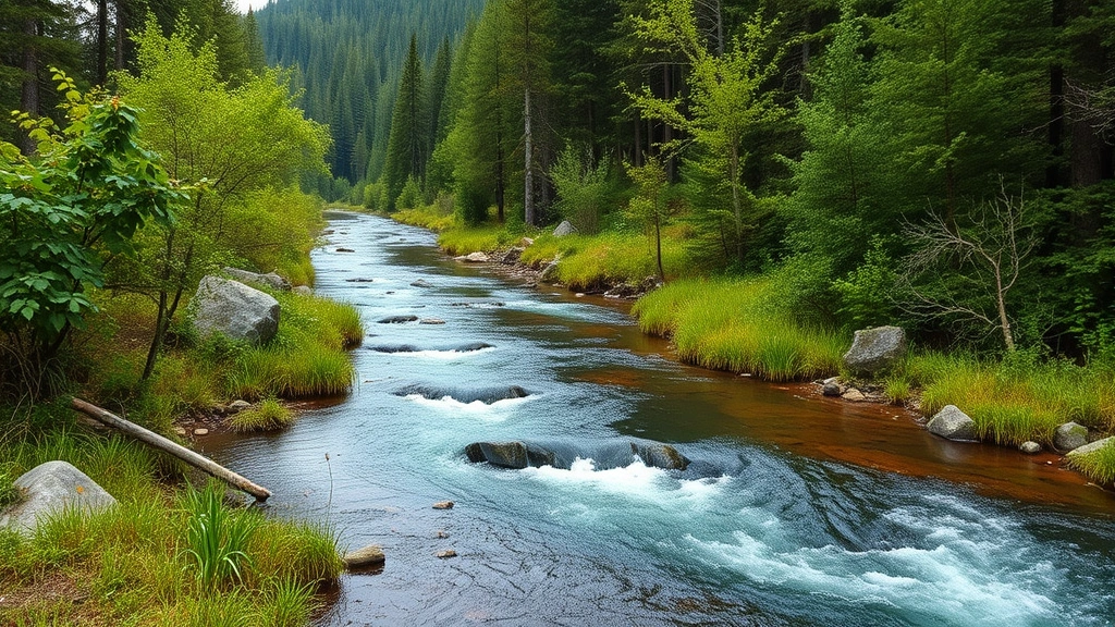 Pristine watershed with clean flowing water, diverse riparian vegetation, healthy forest ecosystem surrounding waterway, demonstrating natural water purification and ecosystem service value in photorealistic detail without text overlays
