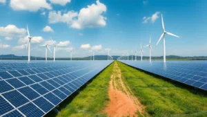 Solar panels and wind turbines in vast renewable energy farm under blue sky with green landscape, photorealistic high-resolution, showing sustainable energy infrastructure investment