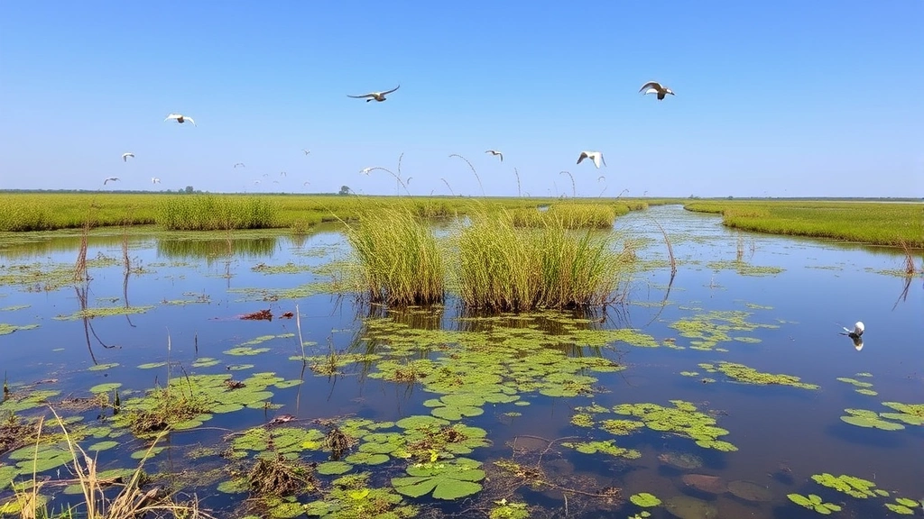 Restored wetland ecosystem with native vegetation, birds, and clear water reflecting sky, demonstrating biodiversity recovery and natural habitat restoration from conservation funding