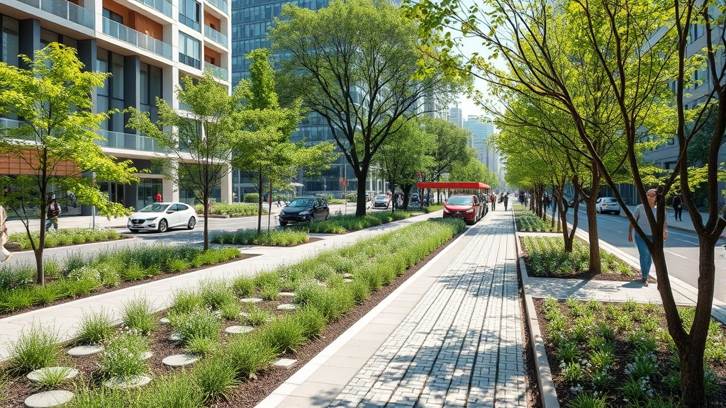 Urban green infrastructure including bioswales, permeable pavements, and urban forest canopy in modern city district, showing ecosystem service integration in human-environment interaction