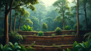 Diverse forest ecosystem with layered canopy, visible energy flow from sunlight through vegetation to forest floor with decomposing matter and soil organisms, photorealistic natural lighting, rich biodiversity visible including birds, insects, and understory plants