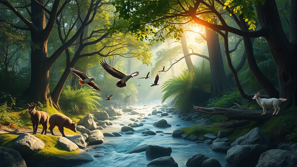 Photorealistic image of diverse ecosystem with forest canopy, flowing water, wildlife including birds and mammals, sunlight filtering through trees, showing energy flow and biodiversity in natural habitat