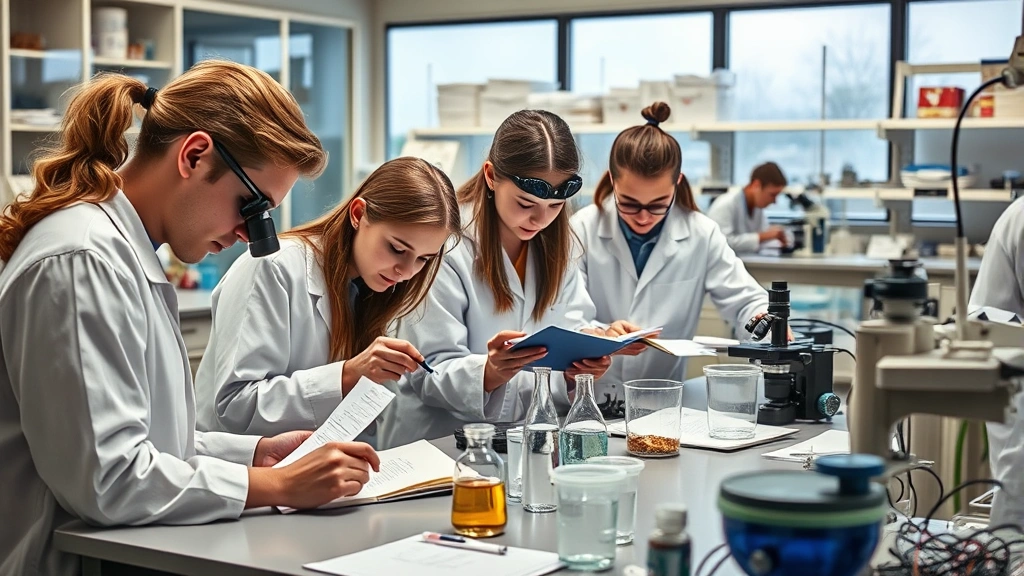 Realistic photograph of students in biology laboratory examining specimens under microscope, taking notes, conducting hands-on experiments with scientific equipment and biological samples