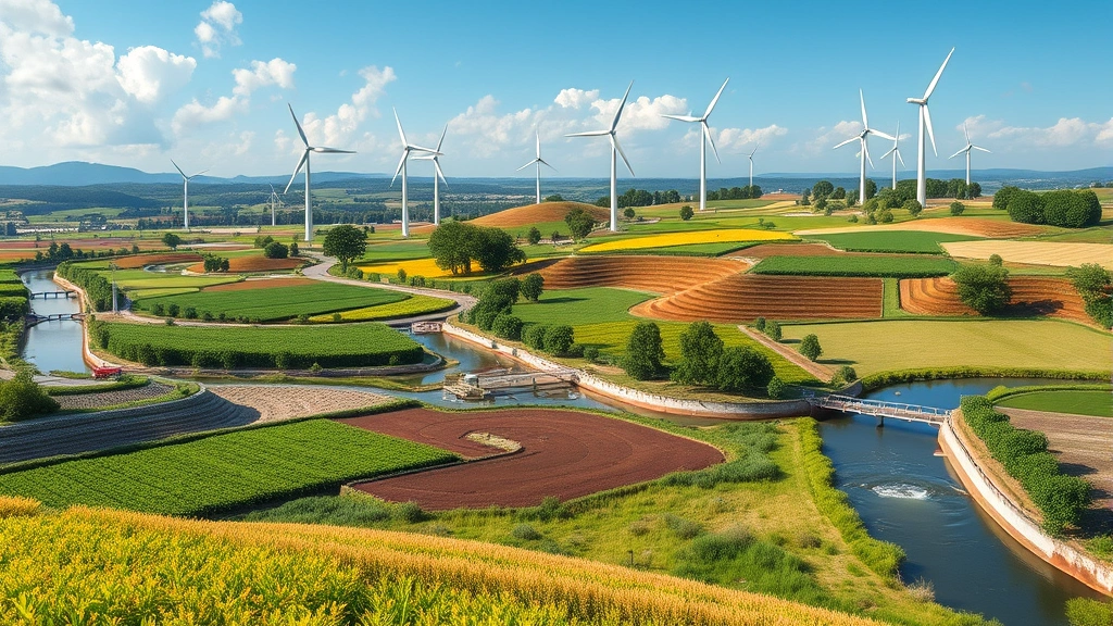 Photorealistic view of sustainable agriculture landscape with renewable energy windmills, diverse crops, water management systems, and natural habitat conservation demonstrating environmental-economic balance