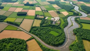 Aerial view of a patchwork agricultural landscape with mixed crop fields, forest patches, and water management infrastructure integrated harmoniously, showing sustainable land management practices with vibrant green vegetation and clear water channels