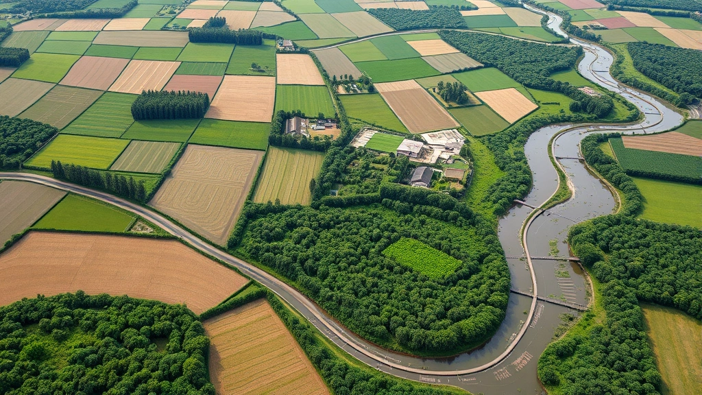 Aerial view of a patchwork agricultural landscape with mixed crop fields, forest patches, and water management infrastructure integrated harmoniously, showing sustainable land management practices with vibrant green vegetation and clear water channels