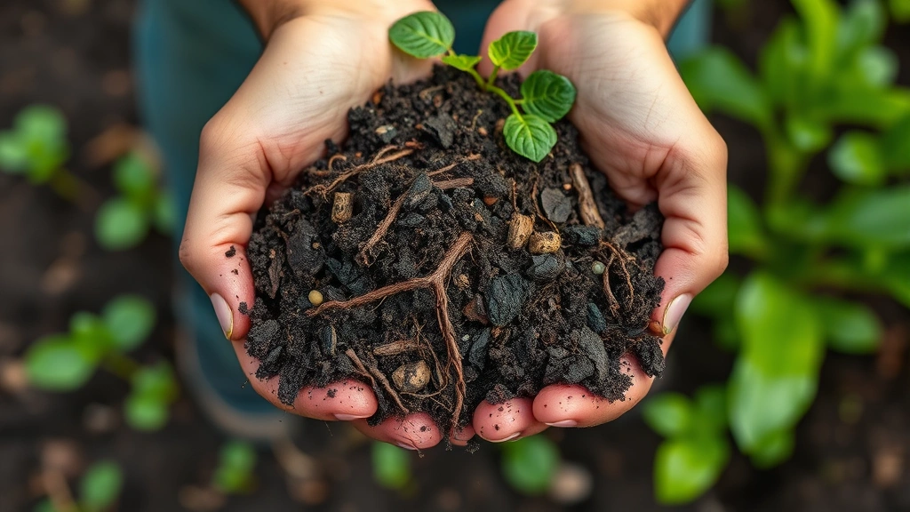 Close-up of hands holding rich dark soil with visible organic matter and root systems, representing soil health in regenerative agriculture, with blurred green plants in background suggesting productive managed ecosystems