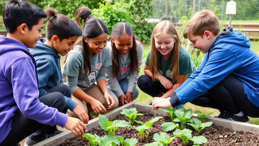 Mixed group of students with and without disabilities collaborating on a project outdoors in a school garden, smiling and engaged, green plants visible, inclusive community-based learning setting