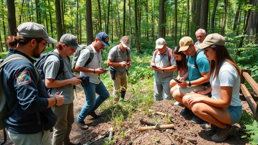 A diverse team of environmental professionals conducting ecosystem biodiversity survey in natural forest setting, using field equipment and digital devices, measuring plant species and soil conditions with scientific precision and natural lighting