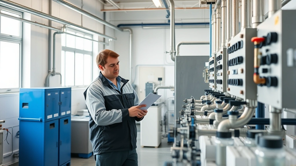 Environmental engineer and technician inspecting water treatment facility in operation, monitoring equipment panels and water quality samples in laboratory setting, with natural daylight through industrial windows showing operational efficiency