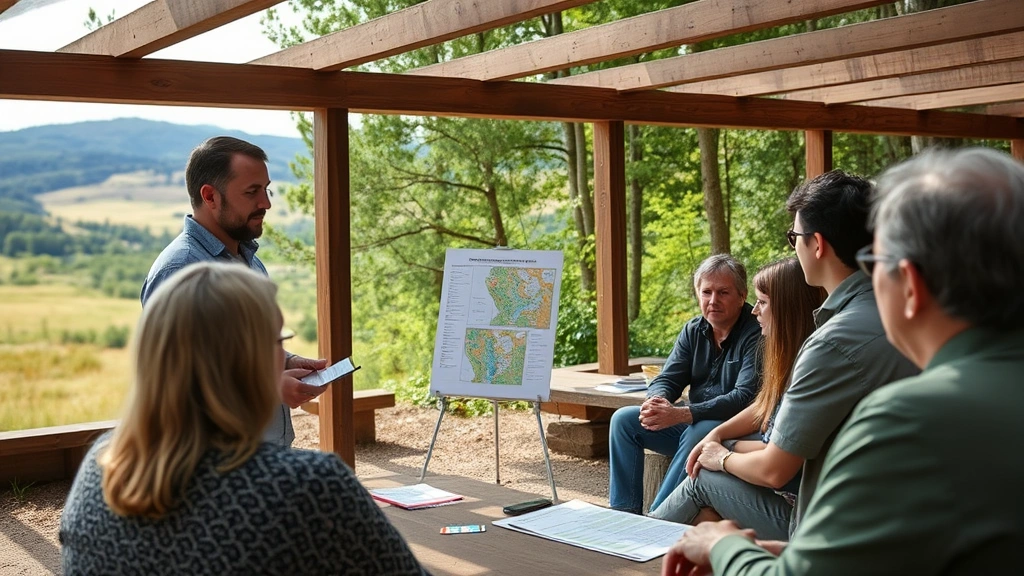 Senior environmental policy analyst presenting ecosystem service mapping data to community stakeholders in outdoor meeting space, with natural landscape visible in background, demonstrating conservation planning and collaborative environmental management approach
