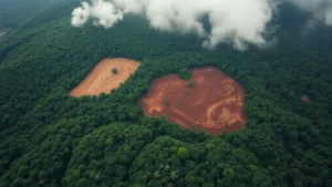 Aerial view of deforested tropical landscape showing cleared patches adjacent to remaining rainforest canopy, morning mist rising from intact forest, demonstrating habitat fragmentation and land use conversion