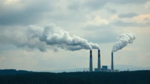 Industrial factory smokestacks emitting thick pollution into atmosphere above deforested landscape, photorealistic environmental degradation