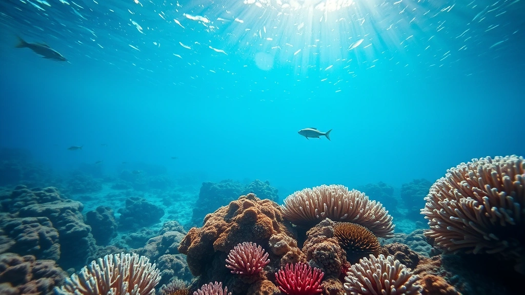 Underwater coral reef ecosystem showing bleached white corals alongside healthy vibrant corals, fish species present, sunlight filtering through water, illustrating ocean acidification and warming impacts