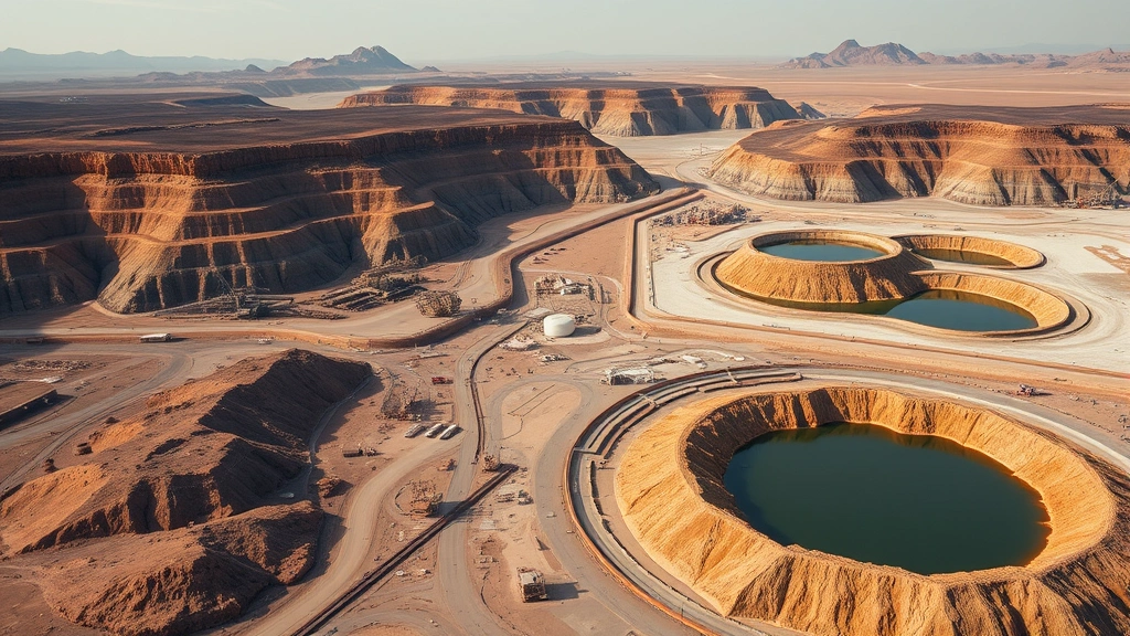 Photorealistic aerial view of uranium mining operation in desert landscape showing exposed earth, mining equipment, and contaminated tailings ponds with warning markers, natural lighting, no text or labels, environmental damage visible but not sensationalized