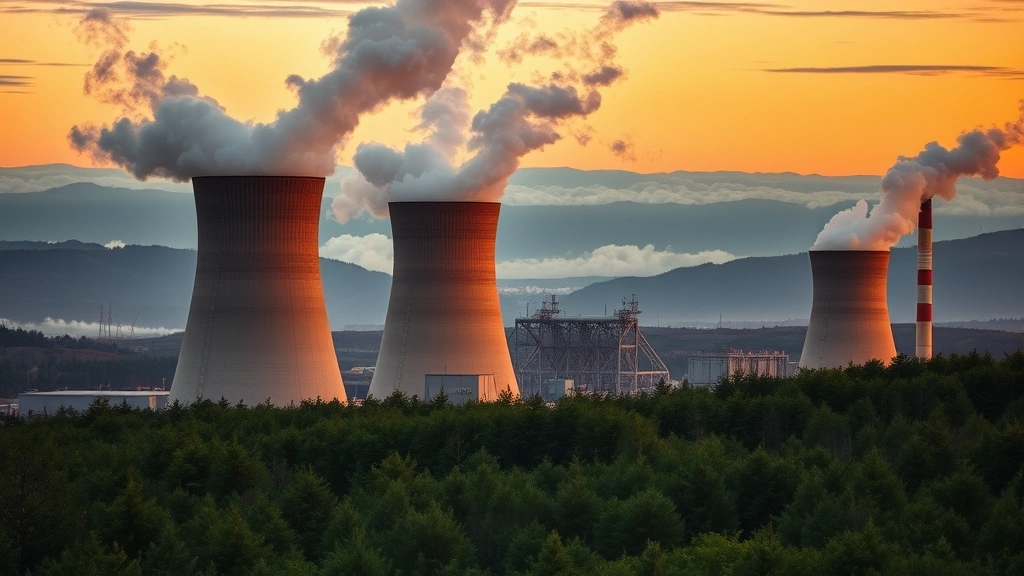 Photorealistic image of nuclear reactor cooling towers releasing steam into atmosphere at dusk with forest ecosystem in foreground, showing contrast between industrial infrastructure and natural environment, no text or signage visible, golden hour lighting