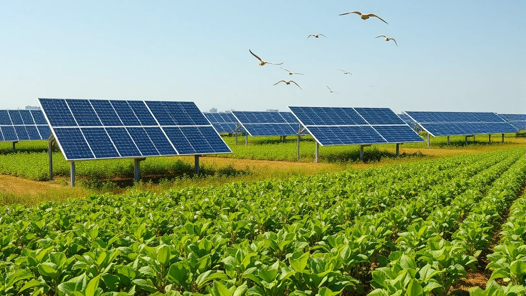 Photorealistic photograph of solar panel array installed in agricultural field with crops growing beneath panels, clear sky, demonstrating land-use efficiency and ecosystem compatibility, birds flying overhead, no text or labels, natural daylight