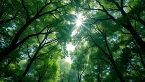 Photorealistic image of a dense forest canopy with sunlight filtering through leaves, showing biodiversity and ecosystem complexity, no text or labels