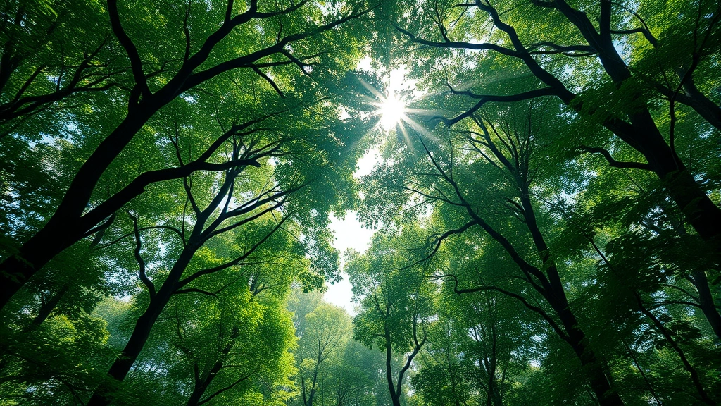 Photorealistic image of a dense forest canopy with sunlight filtering through leaves, showing biodiversity and ecosystem complexity, no text or labels