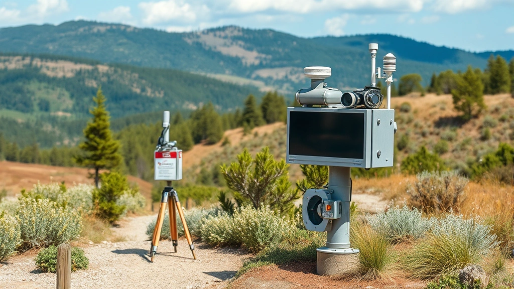 Realistic photograph of a modern environmental monitoring station with sensors and equipment collecting atmospheric and ecological data in natural landscape setting