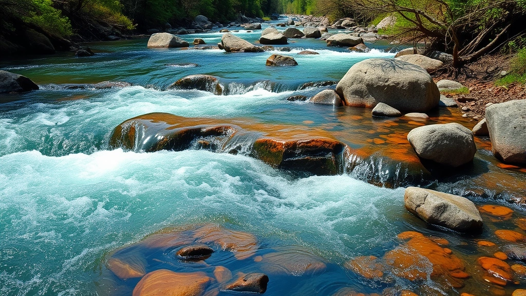 Photorealistic image of flowing water in a pristine river or stream with rocks and vegetation, representing environmental data collection and natural resource management