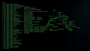 Photorealistic terminal screen displaying directory tree structure with file paths branching like ecosystem food chains, green terminal text on dark background, no text overlays
