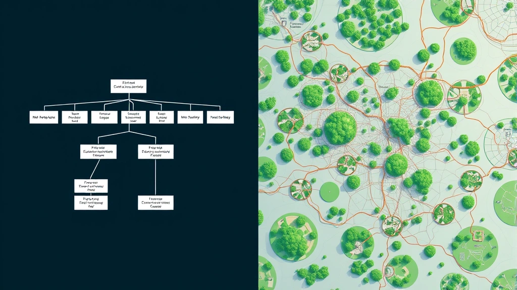 Split-screen showing efficient versus inefficient directory hierarchies as visual ecosystems with clear pathways and congested areas, nature-inspired color palette, flowing connections