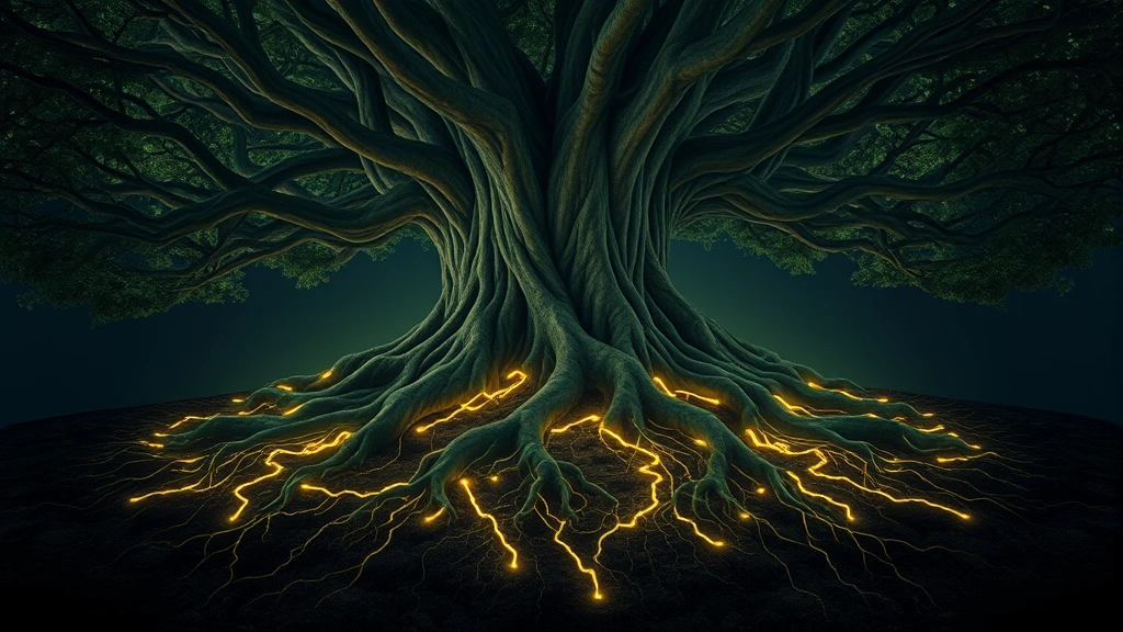 Interconnected root system of large tree underground with glowing pathways representing data flow and command execution routes through soil layers, bioluminescent aesthetic