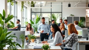 A diverse team of professionals working in a modern, sustainable office environment with natural light, green plants, and ergonomic workspaces, representing optimal person-environment fit and workplace harmony