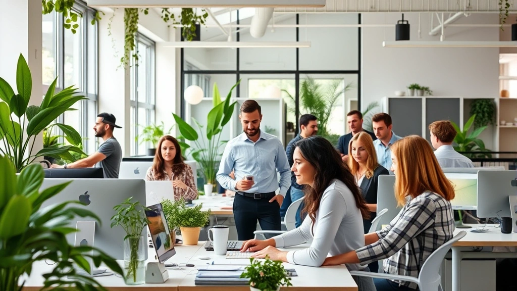 A diverse team of professionals working in a modern, sustainable office environment with natural light, green plants, and ergonomic workspaces, representing optimal person-environment fit and workplace harmony