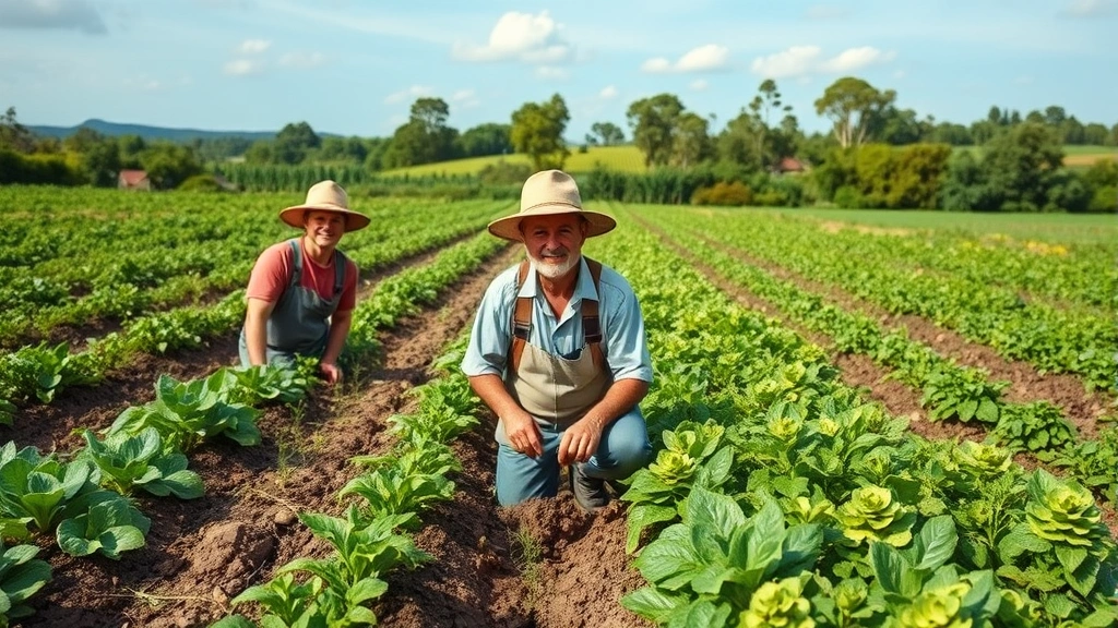 Agricultural workers in a lush, biodiverse farm landscape with healthy soil, organic crops, and natural ecosystems, demonstrating ecological person-environment alignment and sustainable productivity