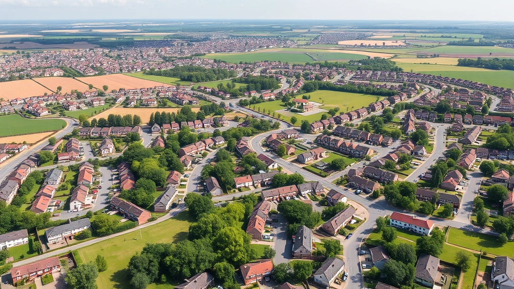 A vibrant community in an urban-rural transition zone with mixed residential and green spaces, showing balanced human settlement patterns and environmental harmony with natural ecosystems