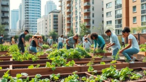 Urban community garden with diverse people planting vegetables in raised beds, green plants growing among city buildings, natural light, photorealistic, showing food security and environmental connection