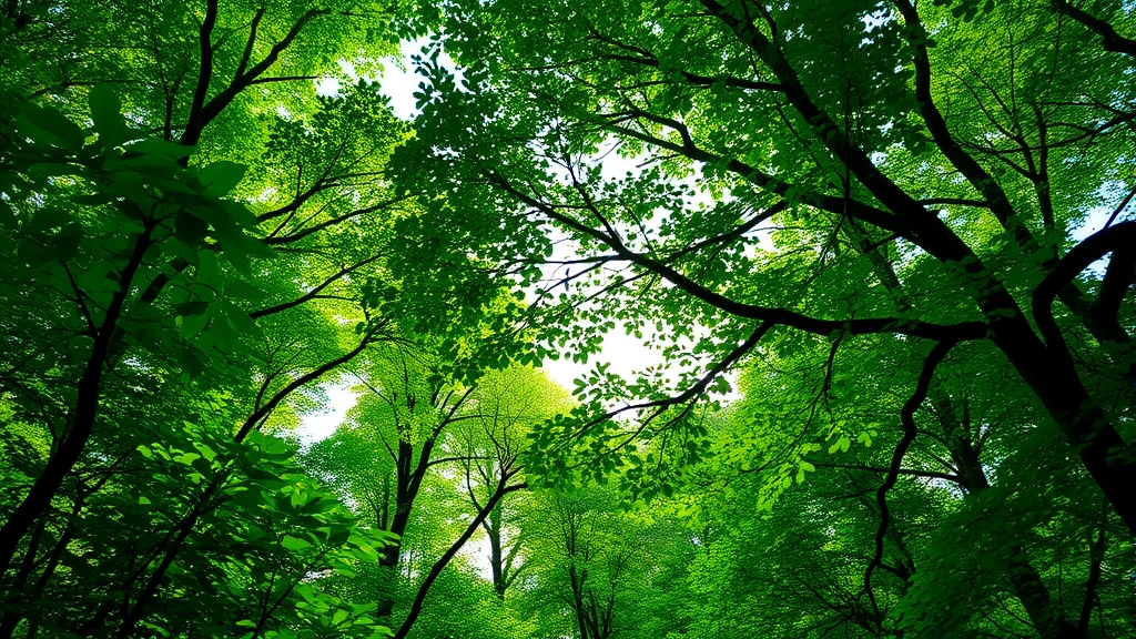 Lush green forest canopy with sunlight filtering through leaves, showcasing dense biodiversity and ecosystem health with varied tree species and vibrant vegetation