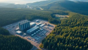 Aerial view of industrial manufacturing facility beside pristine forest landscape, showing stark contrast between economic development and natural ecosystems, photorealistic morning light