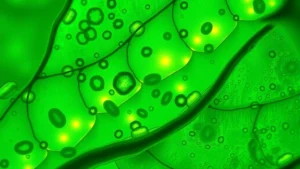 Vibrant plant leaf cells under microscope showing chloroplasts and cellular structures during photosynthesis, photorealistic high magnification, green tones with visible cell membranes
